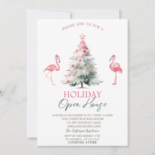 Pink Flamingos Pine Tree Holiday Open House  招待状 (正面)