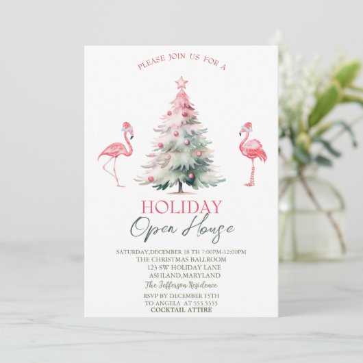 Pink Flamingos Pine Tree Holiday Open House  招待状 (スタンド正面)