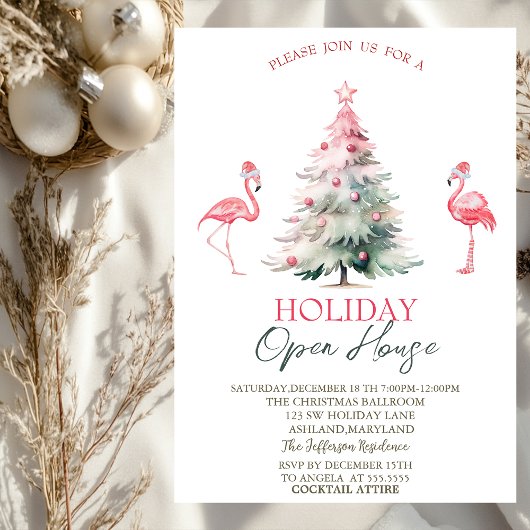 Pink Flamingos Pine Tree Holiday Open House  招待状