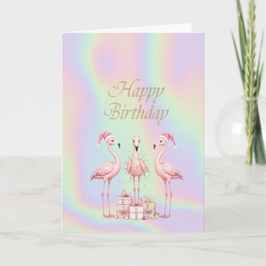  Pink Flamingos Santa Hat Holographic Birthday  カード (正面)