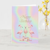  Pink Flamingos Santa Hat Holographic Birthday  カード (黄色い花)