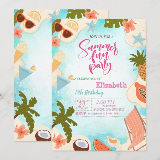 Pink Flamingos Summer Pool Party Birthday Party 招待状 (正面/裏面)