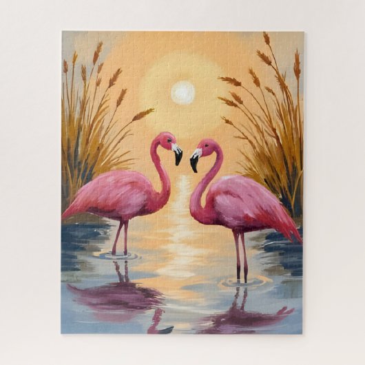 Pink Flamingos Sunset Animal Painting ジグソーパズル (縦)