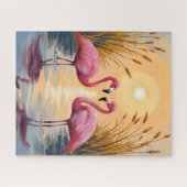 Pink Flamingos Sunset Animal Painting ジグソーパズル (横)