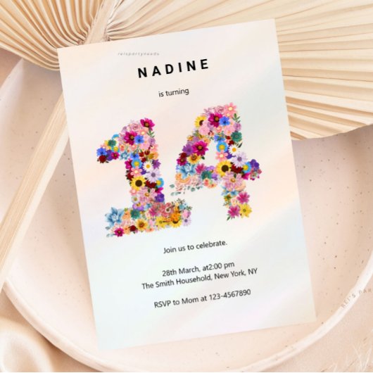 Pink Floral 14th Birthday Garden Spring Wildflower 招待状