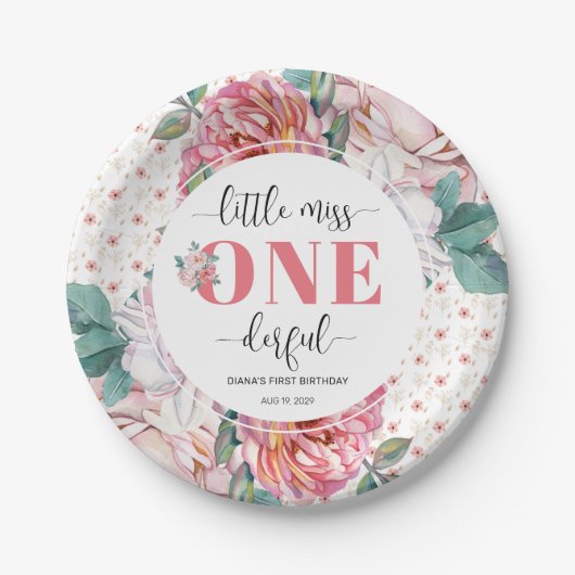 Pink Floral 1st Birthday ペーパープレート (正面)