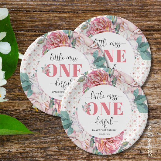 Pink Floral 1st Birthday ペーパープレート
