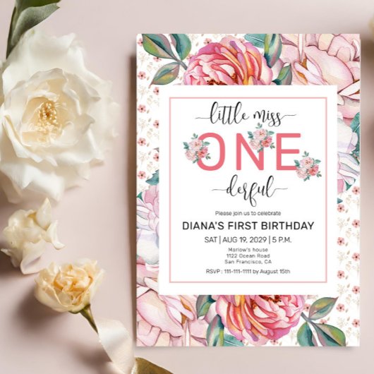Pink Floral 1st Birthday Invitation 招待状