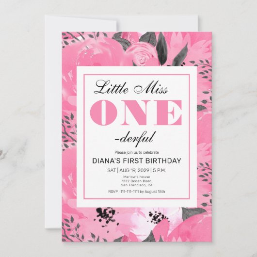 Pink Floral 1st Birthday Invitation 招待状 (正面)
