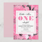 Pink Floral 1st Birthday Invitation 招待状 (正面/裏面)