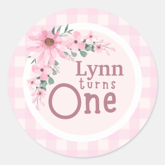 Pink Floral 1st Birthday Sticker ラウンドシール (正面)