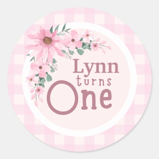 Pink Floral 1st Birthday Sticker ラウンドシール (正面)