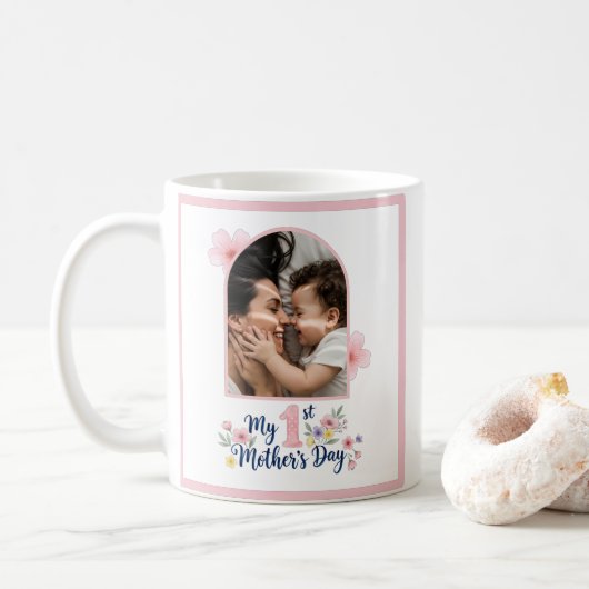  Pink Floral 1st Mother's Day Custom Keepsake コーヒーマグカップ (ドーナツ)