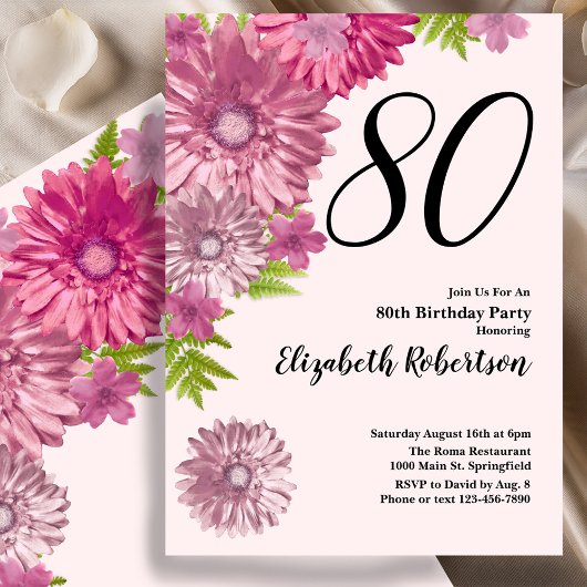Pink Floral 80th Birthday Invitation in Blush Pink 招待状