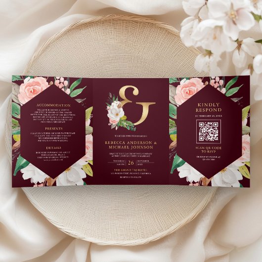 Pink Floral Ampersand Burgundy QR Code Wedding 三つ折り招待状