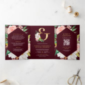 Pink Floral Ampersand Burgundy QR Code Wedding 三つ折り招待状 (内部)
