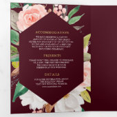 Pink Floral Ampersand Burgundy QR Code Wedding 三つ折り招待状 (内部最初)