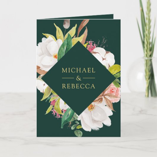 Pink Floral Ampersand Emerald QR Code Wedding 招待状 (正面)