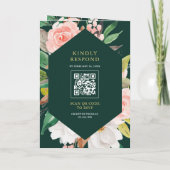 Pink Floral Ampersand Emerald QR Code Wedding 招待状 (裏面)