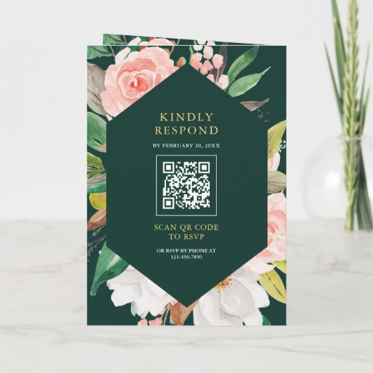 Pink Floral Ampersand Emerald QR Code Wedding 招待状 (裏面)