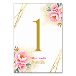 Pink Floral and Gold Quinceańera テーブルナンバー