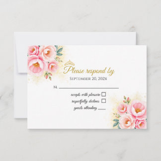 Pink Floral and Gold Quinceańera RSVP card