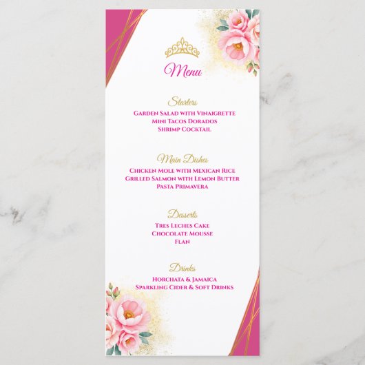 Pink Floral and Gold Quinceañera Table Menu メニュー (正面)