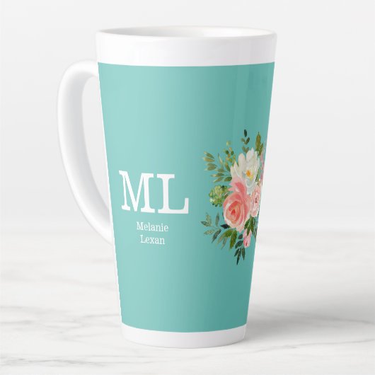 Pink Floral and Teal Monogram カフェラテマグ (左アングル)