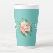 Pink Floral and Teal Monogram カフェラテマグ (正面)
