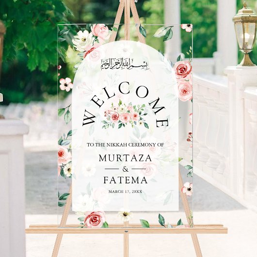 Pink Floral Arch Muslim Wedding Welcome アクリルサイン