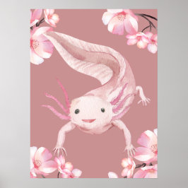 Pink Floral Axolotl Poster ポスター