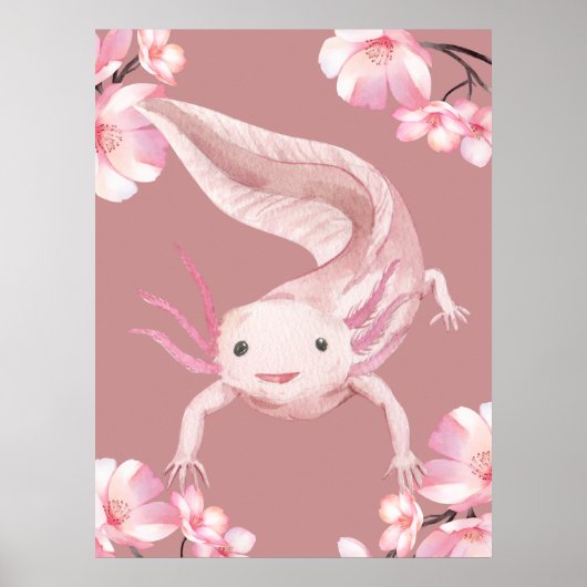 Pink Floral Axolotl Poster ポスター (正面)