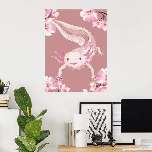 Pink Floral Axolotl Poster ポスター (ホームオフィス)