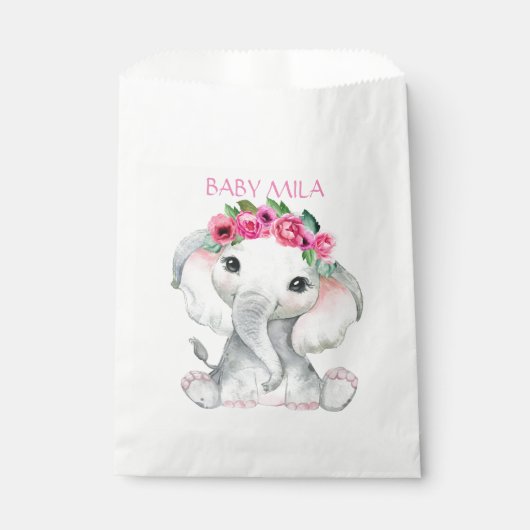 Pink floral baby elephant baby shower favor フェイバーバッグ (正面)