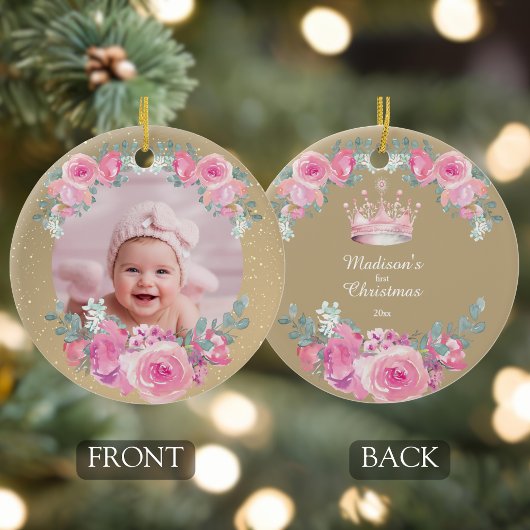 Pink Floral Baby Girl First Christmas セラミックオーナメント