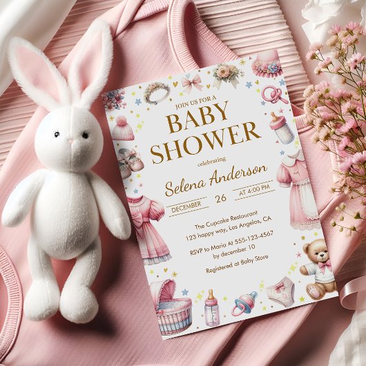 Pink Floral Baby Girl Shower Invitation with Toys  招待状