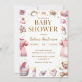 Pink Floral Baby Girl Shower Invitation with Toys  招待状 (正面)