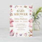 Pink Floral Baby Girl Shower Invitation with Toys  招待状 (スタンド正面)
