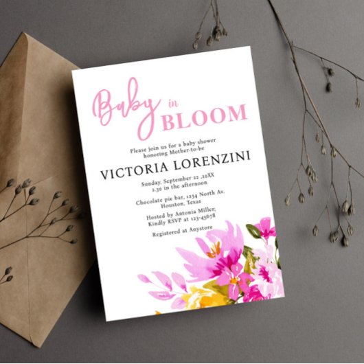 Pink Floral Baby in Bloom Baby Shower Invitation 招待状