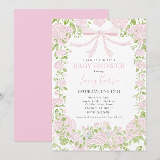 Pink Floral Baby Shower Invitation, 招待状 (正面/裏面)