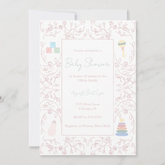Pink Floral Baby Shower Invitation 招待状 (正面)