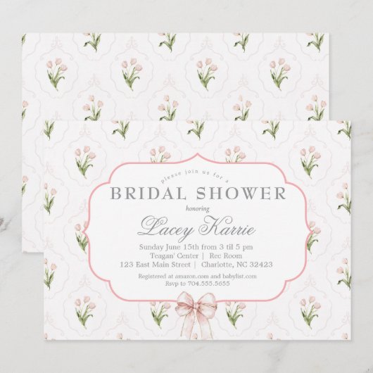 Pink Floral Baby Shower Invitation, 招待状 (正面/裏面)