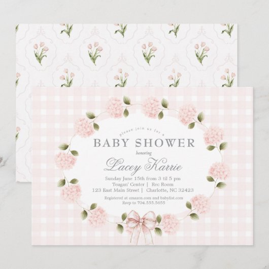 Pink Floral Baby Shower Invitation,  招待状 (正面/裏面)