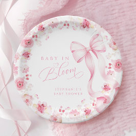 Pink Floral Baby Shower Plates with Bow ペーパープレート