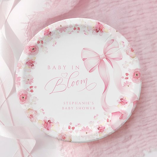 Pink Floral Baby Shower Plates with Bow ペーパープレート
