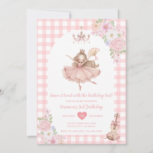 Pink Floral Ballerina Dance and Twirl Birthday 招待状 (正面)