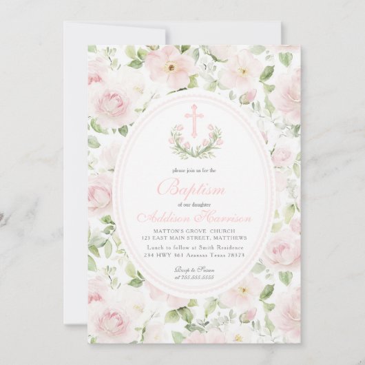 Pink floral Baptism Invitation, Girl Baptism, 招待状 (正面)