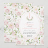 Pink floral Baptism Invitation, Girl Baptism, 招待状 (正面/裏面)