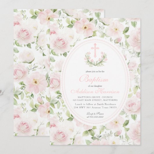 Pink floral Baptism Invitation, Girl Baptism,  招待状 (正面/裏面)