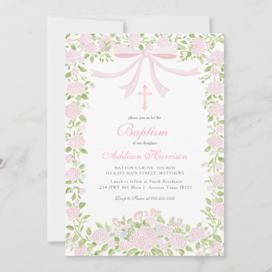 Pink floral Baptism Invitation, Girl Baptism, 招待状 (正面)